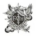 word faith with clouds and birds  and cross forearm  tattoo design idea