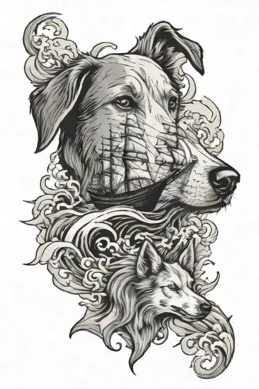 Dog lover, ocean, island, ship sailing through stormy tattoo design idea
