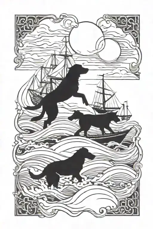Dog lover, ocean, island, ship sailing through stormy tattoo design idea