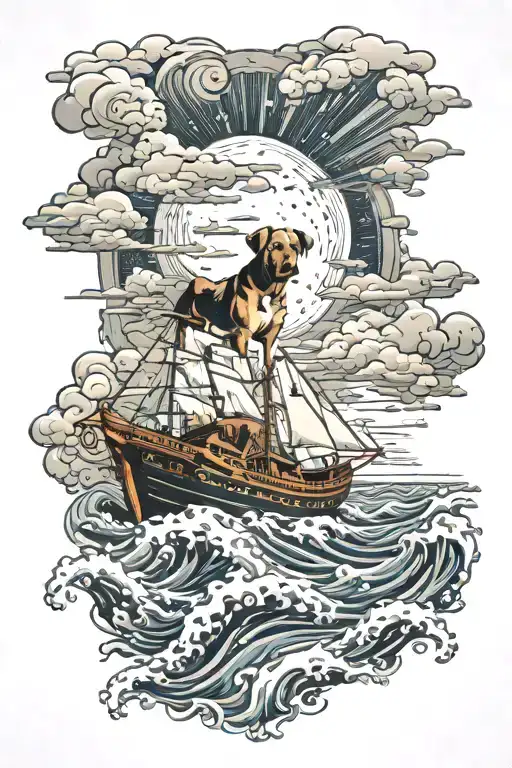Dog lover, ocean, island, ship sailing through stormy tattoo design idea