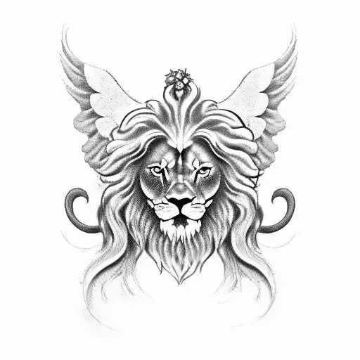 Cherub angel with four faces: a lion, a bull, an eagle and a human. The angel has six wings tattoo design idea