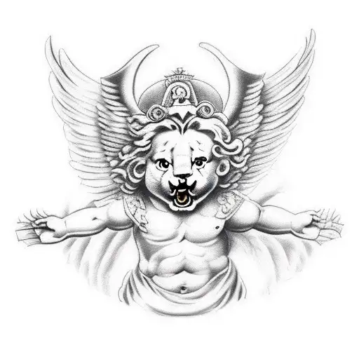 Cherub angel with four faces: a lion, a bull, an eagle and a human. The angel has six wings tattoo design idea