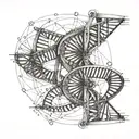 dna double helix linked to leonardo da vinci man, geometrical simbols, dissolve tattoo design idea