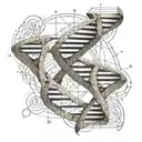 dna double helix linked to leonardo da vinci man, geometrical simbols, dissolve tattoo design idea