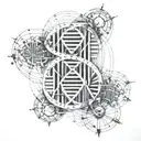 dna double helix linked to leonardo da vinci man, geometrical simbols, dissolve tattoo design idea