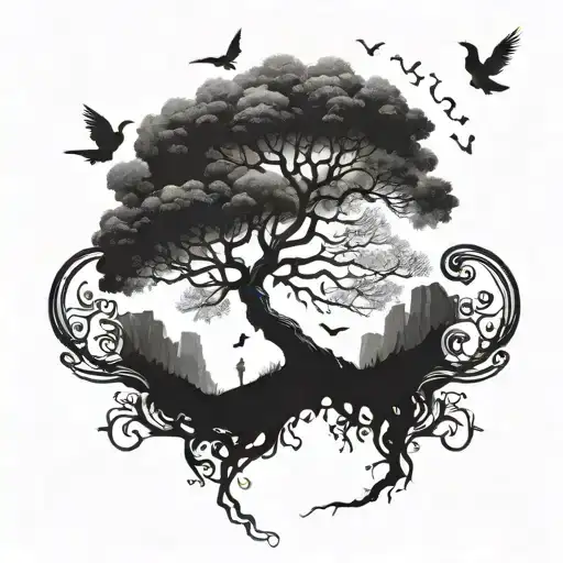 A surreal tattoo of a tree growing out of a dark abyss with birds soaring into the sky tattoo design idea