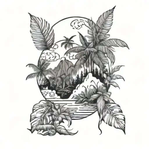 A lush tropical island landscape with a hidden marijuana leaf, blending nature and weed together seamlessly tattoo design idea