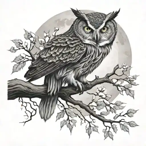A hauntingly beautiful scene of an owl perched on a twisted tree branch, with a full moon in the background tattoo design idea