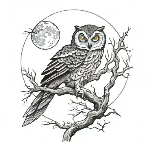 A hauntingly beautiful scene of an owl perched on a twisted tree branch, with a full moon in the background tattoo design idea