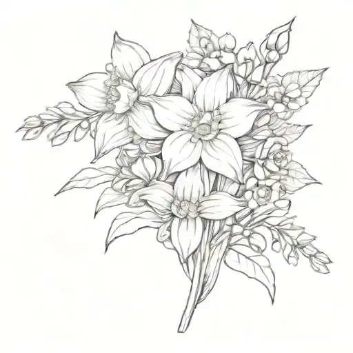 single bouquet of Daffodils, chrysanthemum, daisy, lily of valley, and rose tattoo design idea