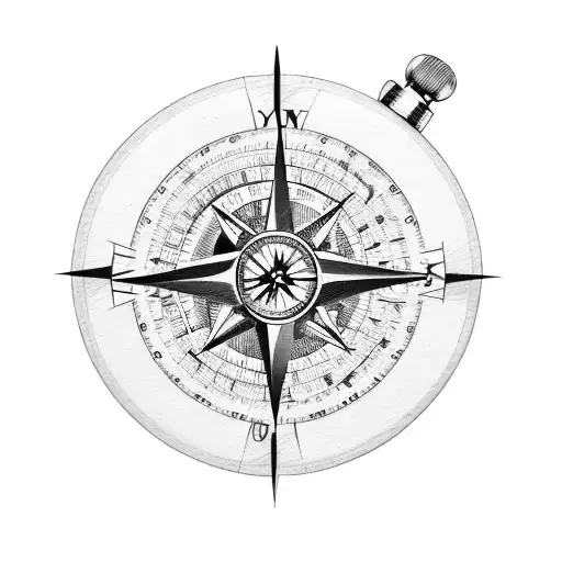 Create a design featuring a compass surrounded by different watch mechanisms and car parts tattoo design idea