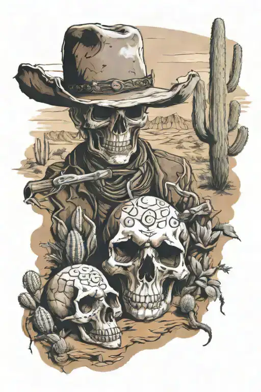 Wild Wild West, desert, cactus, cowboy, skull, landscape tattoo design idea