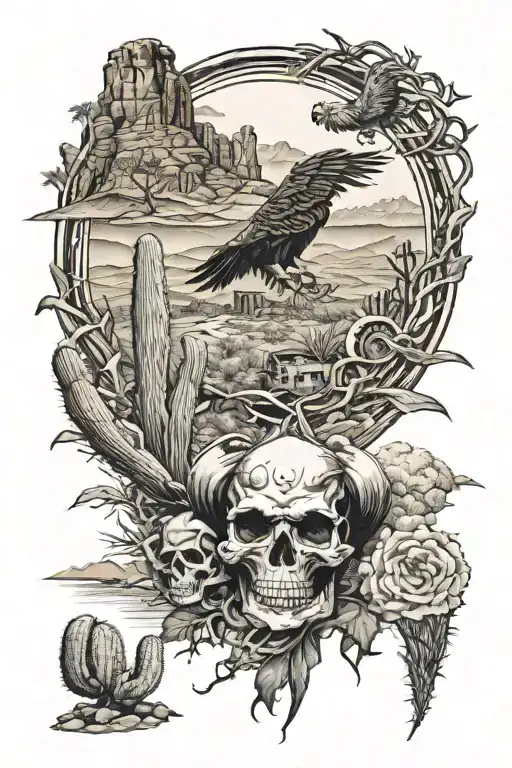 Wild Wild West, desert, cactus, eagle, tumbleweed, cowboy, skull, landscape  tattoo design idea
