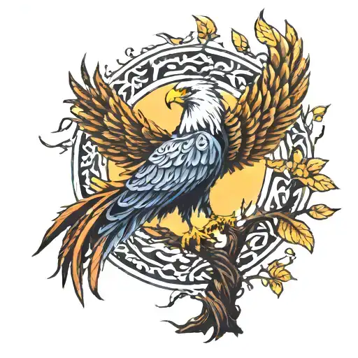Tree of life with a phoenix, vulture, and an eagle tattoo design idea