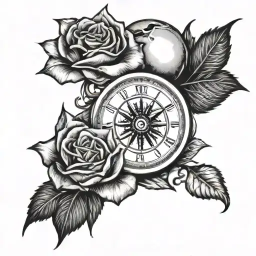 rose with compass and skull with clock tattoo design idea