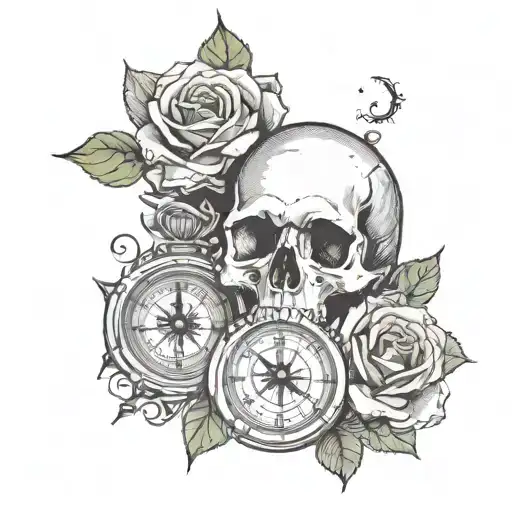 rose with compass and skull with clock tattoo design idea
