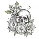 rose with compass and skull with clock tattoo design idea