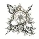 rose with compass and skull with clock tattoo design idea