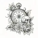 rose with compass and skull with clock tattoo design idea