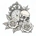 rose with compass and skull with clock tattoo design idea