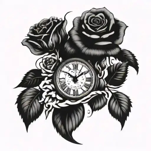 lion head roses growing together with oldschool clock tattoo design idea