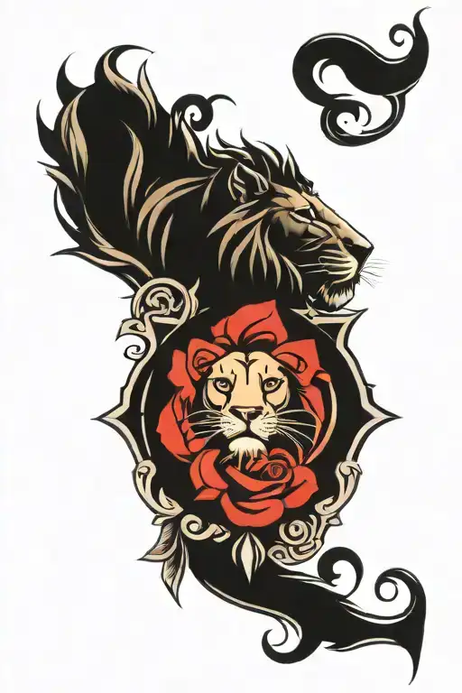 roses, lion roaring, open compass with intricate details tattoo design idea