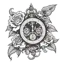roses growing together with oldschool clock melting on lions head tattoo design idea