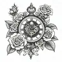 roses growing together with oldschool clock melting on lions head tattoo design idea