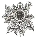 roses growing together with oldschool clock melting on lions head tattoo design idea