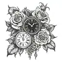 roses growing together with oldschool clock melting on lions head tattoo design idea