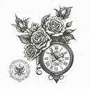 roses growing together with oldschool clock and lion  tattoo design idea
