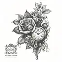 roses growing together with oldschool clock and lion  tattoo design idea