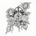 roses growing together with oldschool clock and lion  tattoo design idea
