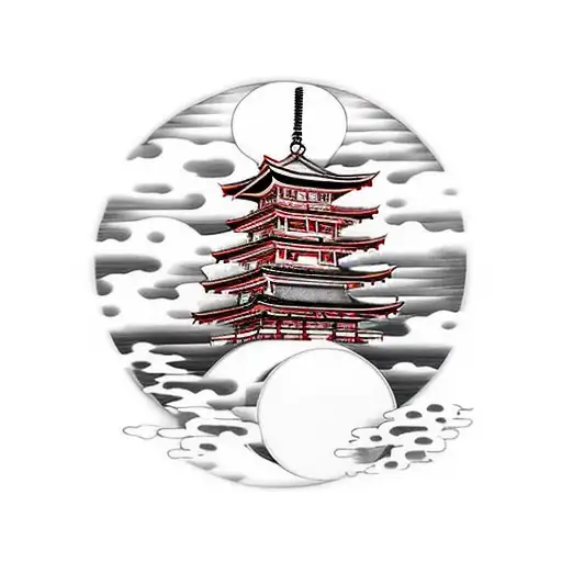 Japanese pagoda over a red moon and clouds in Japanese style in front  tattoo design idea