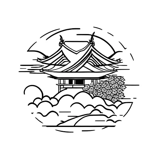 Japanese pagoda over a red moon and clouds in Japanese style in front  tattoo design idea