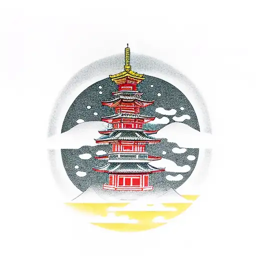 Japanese pagoda over a red moon and clouds in Japanese style in front  tattoo design idea