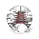 Japanese pagoda over a red moon and clouds in Japanese style in front  tattoo design idea