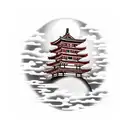 Japanese pagoda over a red moon and clouds in Japanese style in front  tattoo design idea