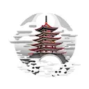 Japanese pagoda over a red moon and clouds in Japanese style in front  tattoo design idea