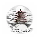 Japanese pagoda over a red moon and clouds in Japanese style in front  tattoo design idea
