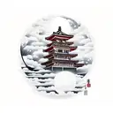 Japanese pagoda over a red moon and clouds in Japanese style in front  tattoo design idea