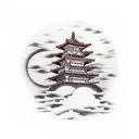 Japanese pagoda over a red moon and clouds in Japanese style in front  tattoo design idea