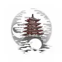 Japanese pagoda over a red moon and clouds in Japanese style in front  tattoo design idea