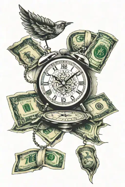 money and clock with birthdate 7 27 1973 tattoo design idea