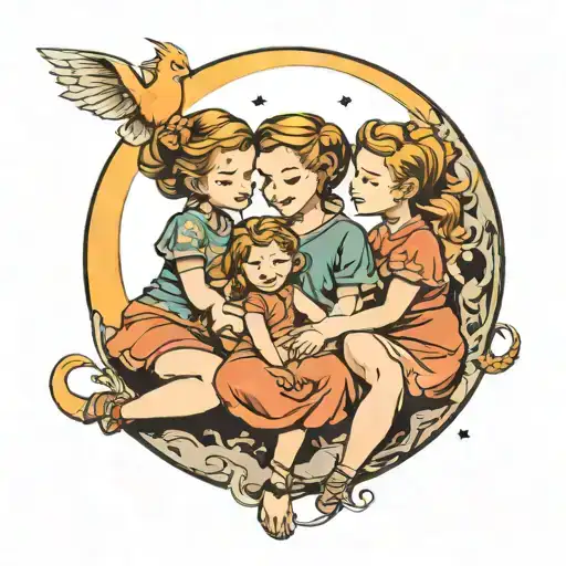 mother 2 daughters sitting on a moon tattoo design idea