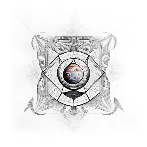 sleeve baroque pattern with space background, forearm rubik cube, equations, and molecules tattoo design idea