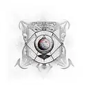 sleeve baroque pattern with space background, forearm rubik cube, equations, and molecules tattoo design idea