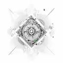 sleeve baroque pattern with space background, forearm rubik cube, equations, and molecules tattoo design idea