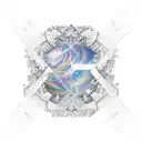 sleeve baroque pattern with space background, forearm rubik cube, equations, and molecules tattoo design idea