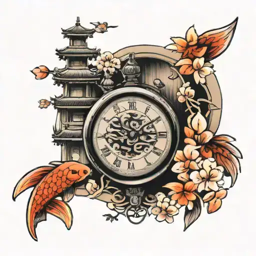 Tattoo of a clock showing the time 07:51 with Japanese motifs such as a tori gate, a sakura, koi carp tattoo design idea
